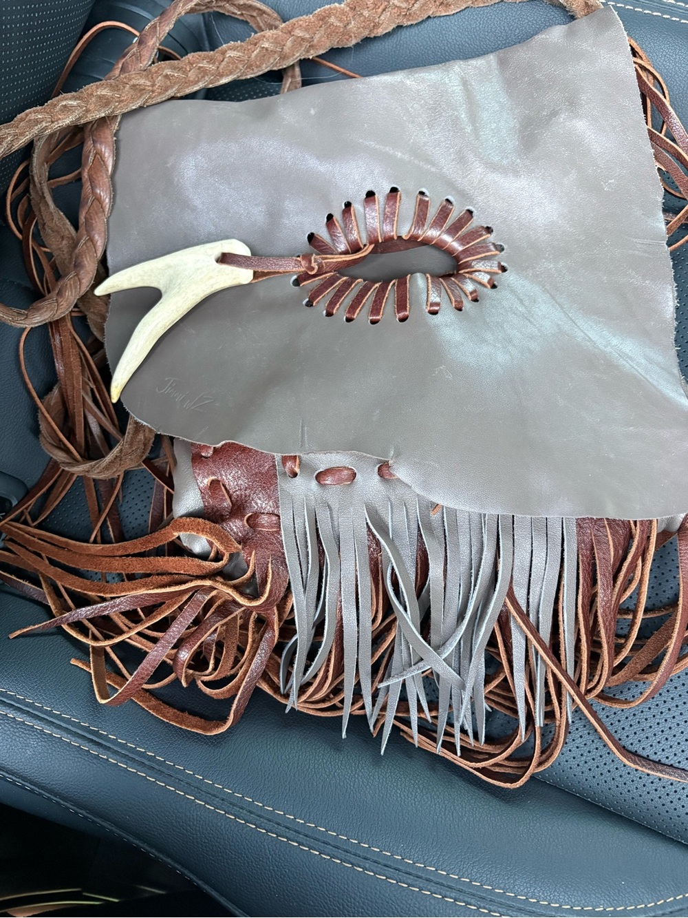 Fringed Leather Shoulder Bag in Taupe and Brown